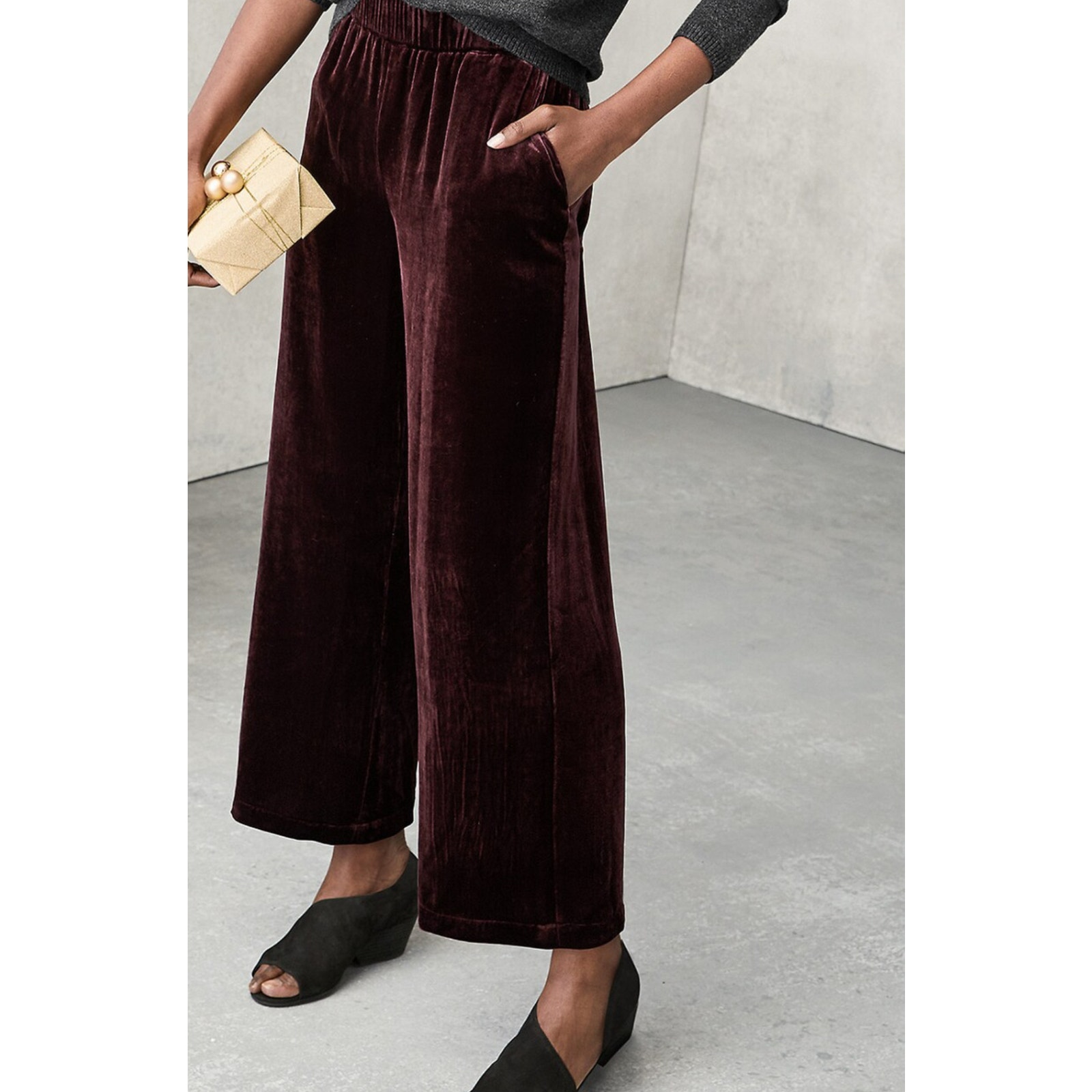 Eileen Fisher Silk Rayon Velvet Wide-Leg Ankle Pants 3x Casis Drapey Elegance